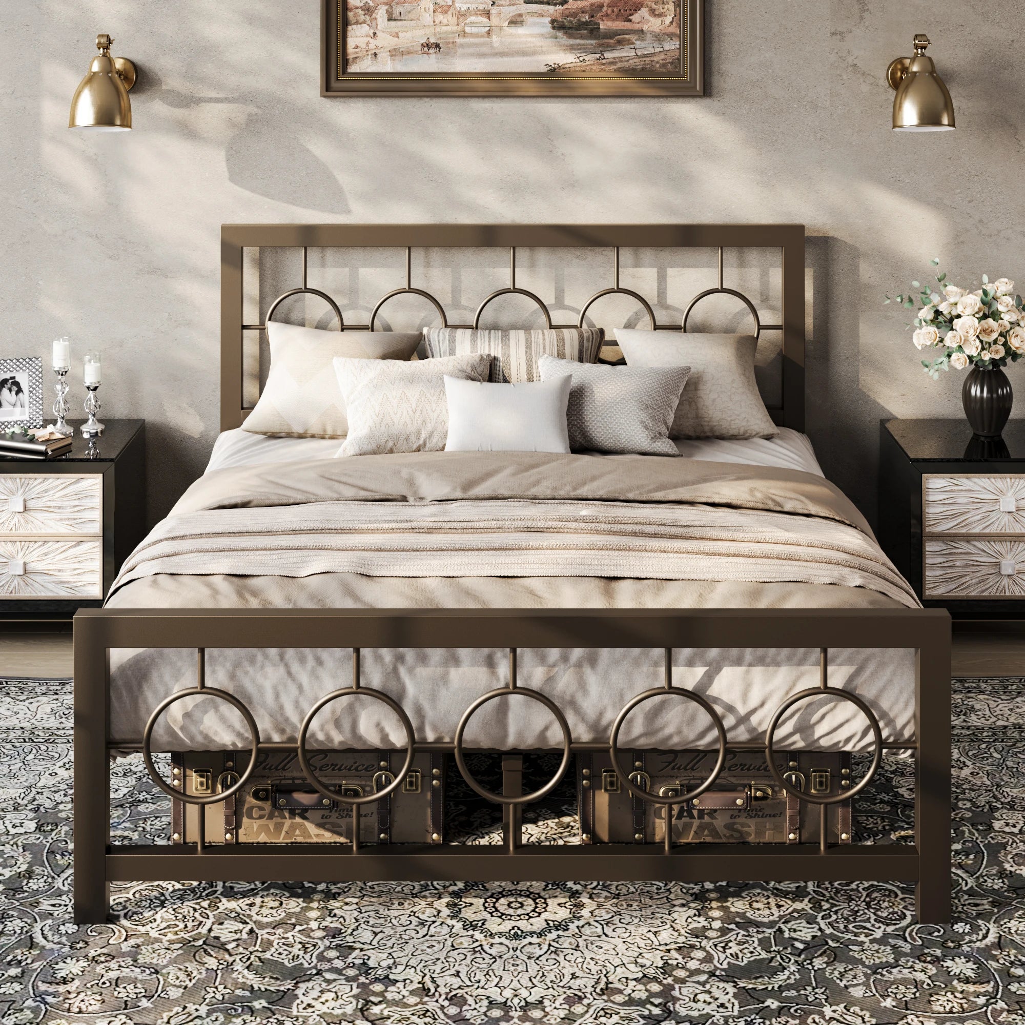 Metal Platform Bed Frame with Vintage Circular Design Headboard and Footboard with Under-Bed Storage