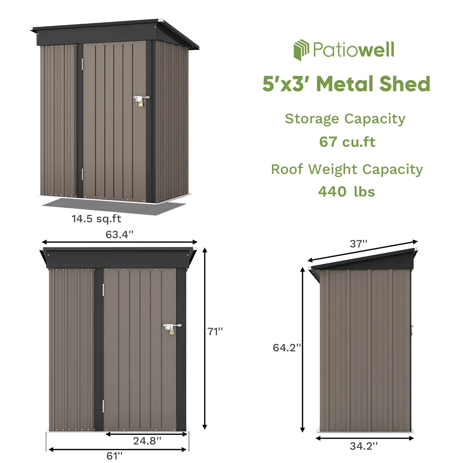 5x3 FT Outdoor Storage Shed with Sloping Roof and Lockable Door