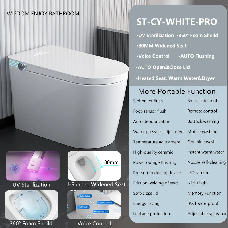 Smart Toilet with Bidet Built In, One Piece Bidet with 80MM Heated Seat, Voice Control, Warm Water Sprayer & Dryer, Foam Shield