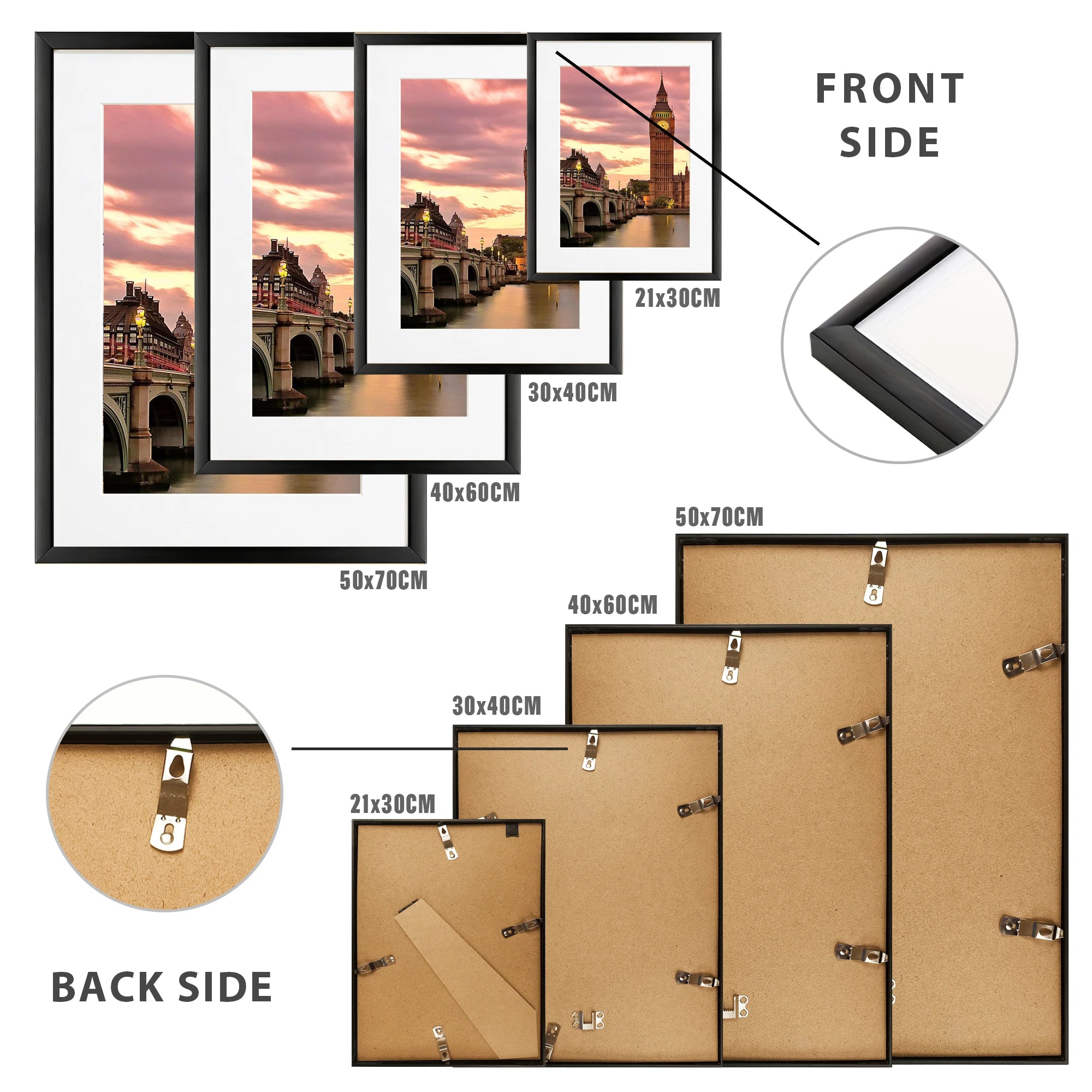 3pcs Picture Frames Aluminum Modern Photo Frame Black With Mat For Wall Art Mounting