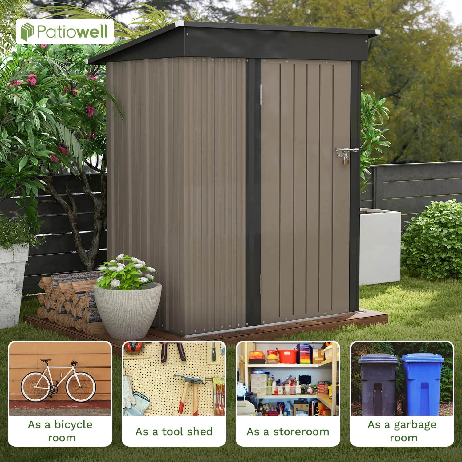 5x3 FT Outdoor Storage Shed with Sloping Roof and Lockable Door