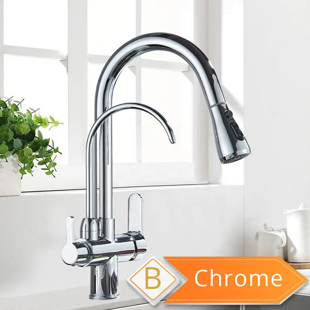 Purification Water Kitchen Faucet Black 360° Rotating Filter Water Faucets Pull Out Sprayer 3 Ways Hot Cold Water