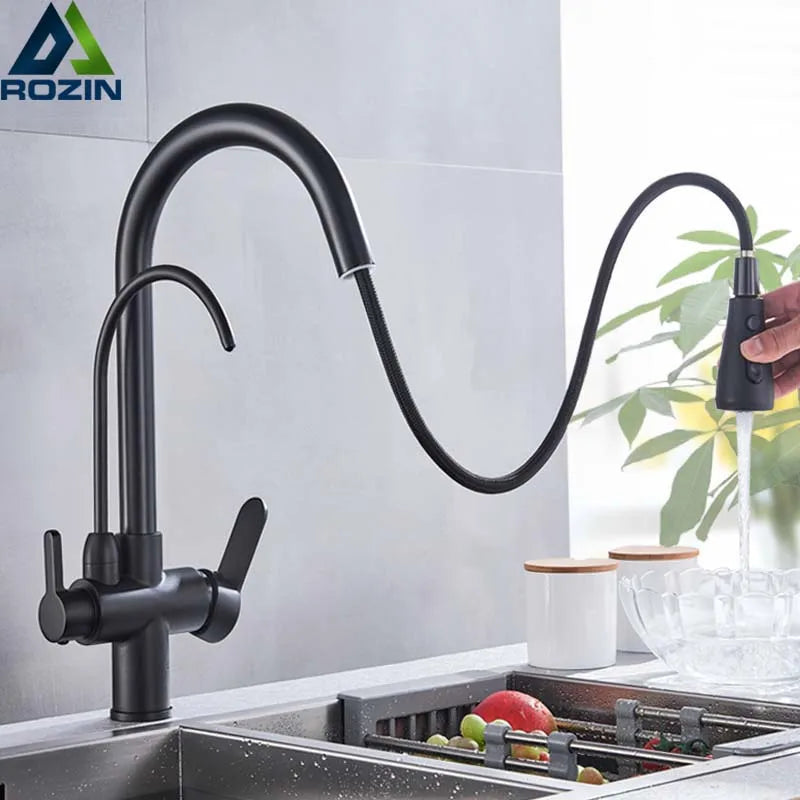 Purification Water Kitchen Faucet Black 360° Rotating Filter Water Faucets Pull Out Sprayer 3 Ways Hot Cold Water