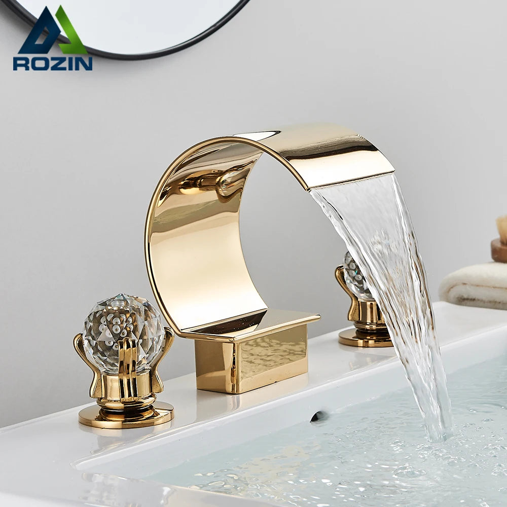 Bright Golden Waterfall Basin Faucet Dual Cristal Handle Widespread Bathroom Sink Mixer Tap