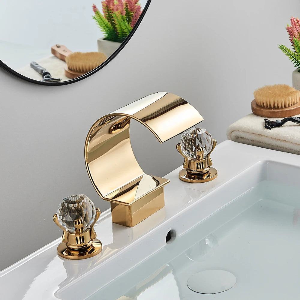 Bright Golden Waterfall Basin Faucet Dual Cristal Handle Widespread Bathroom Sink Mixer Tap
