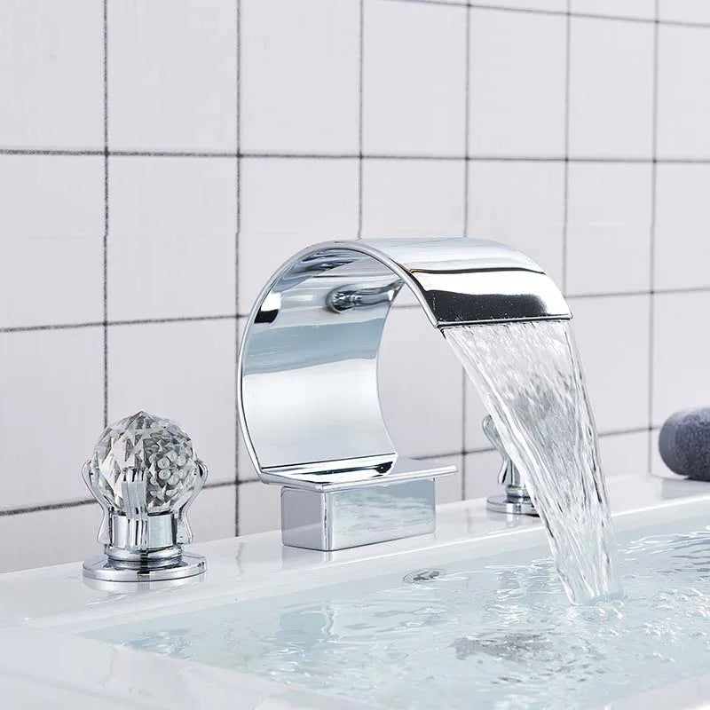 Bright Golden Waterfall Basin Faucet Dual Cristal Handle Widespread Bathroom Sink Mixer Tap