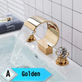 Bright Golden Waterfall Basin Faucet Dual Cristal Handle Widespread Bathroom Sink Mixer Tap