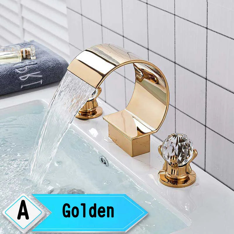 Bright Golden Waterfall Basin Faucet Dual Cristal Handle Widespread Bathroom Sink Mixer Tap