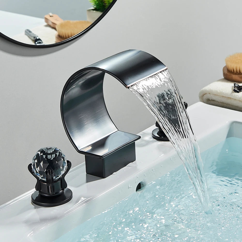 Bright Golden Waterfall Basin Faucet Dual Cristal Handle Widespread Bathroom Sink Mixer Tap