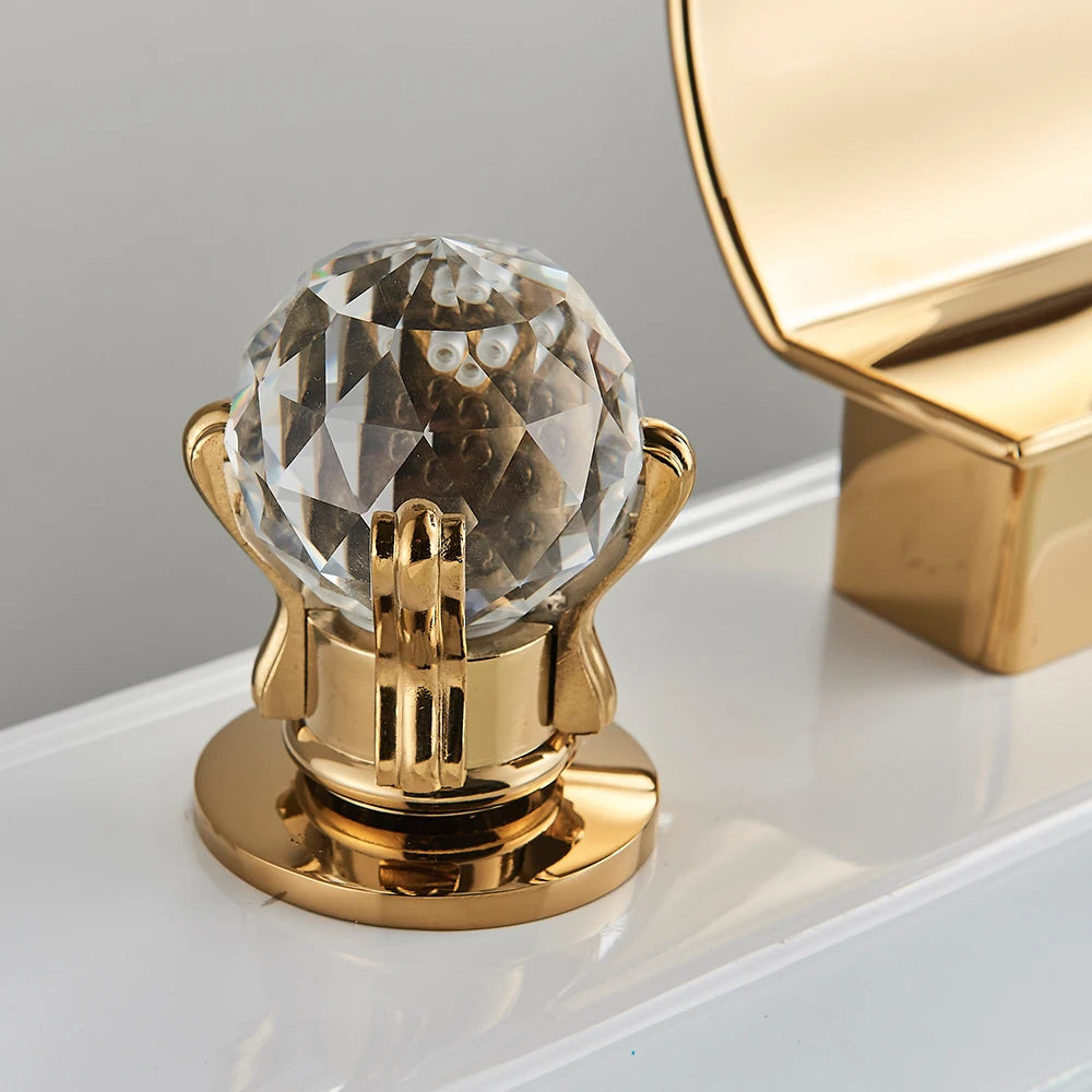 Bright Golden Waterfall Basin Faucet Dual Cristal Handle Widespread Bathroom Sink Mixer Tap