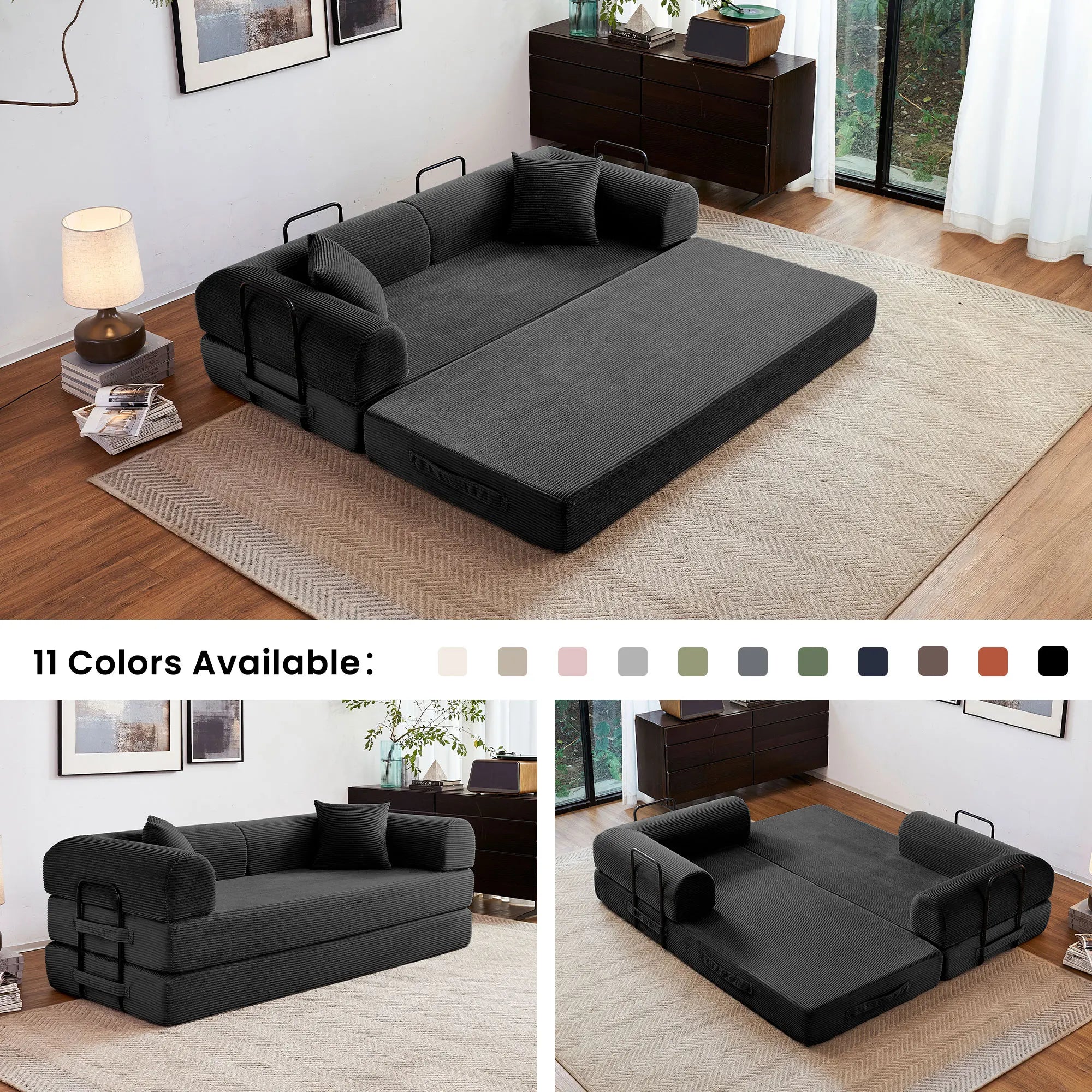 Foldable Convertible Futon Sofa Bed Floor Lounge with L-Shaped Armrest