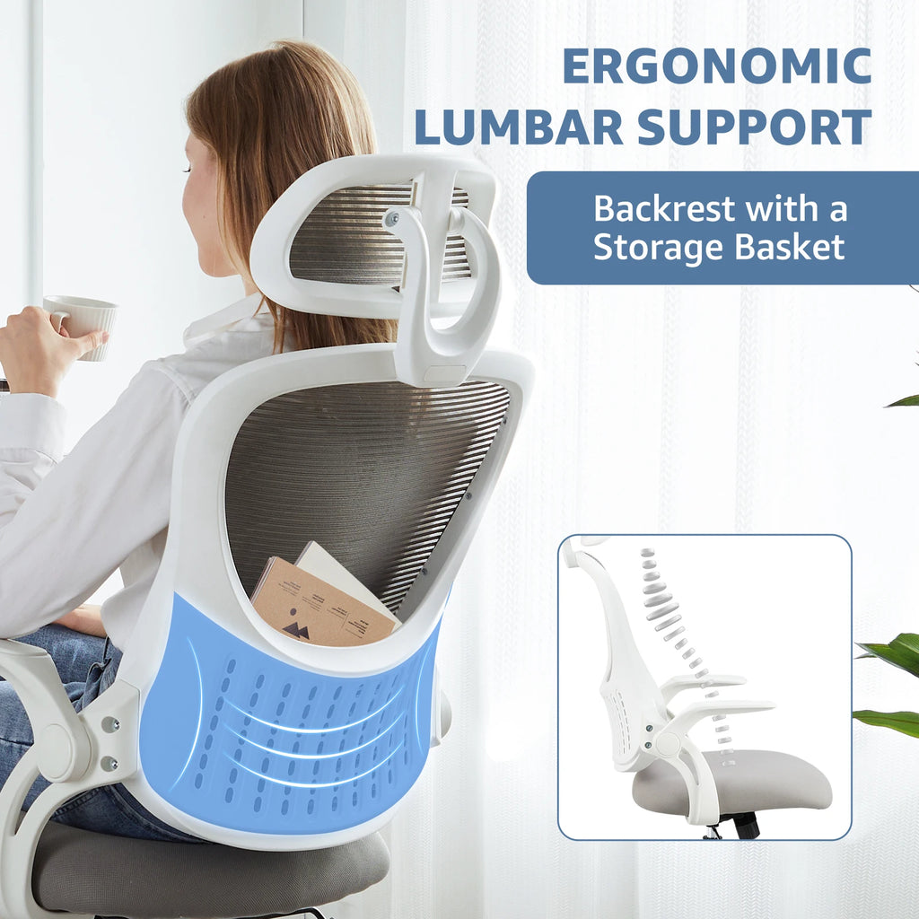 Ergonomic Office Computer Desk Chair Flip-up Arms Adjustable Headrests Comfortable Lumbar Support