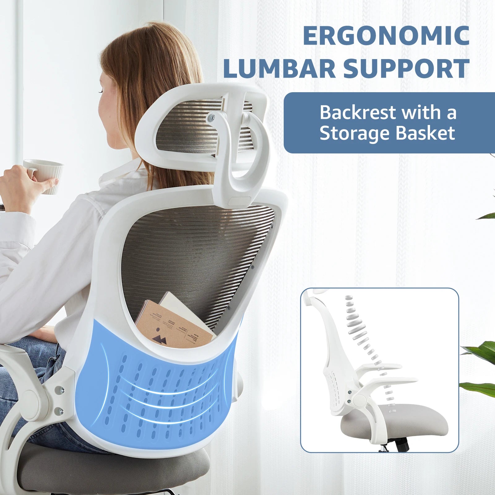 Ergonomic Office Computer Desk Chair Flip-up Arms Adjustable Headrests Comfortable Lumbar Support