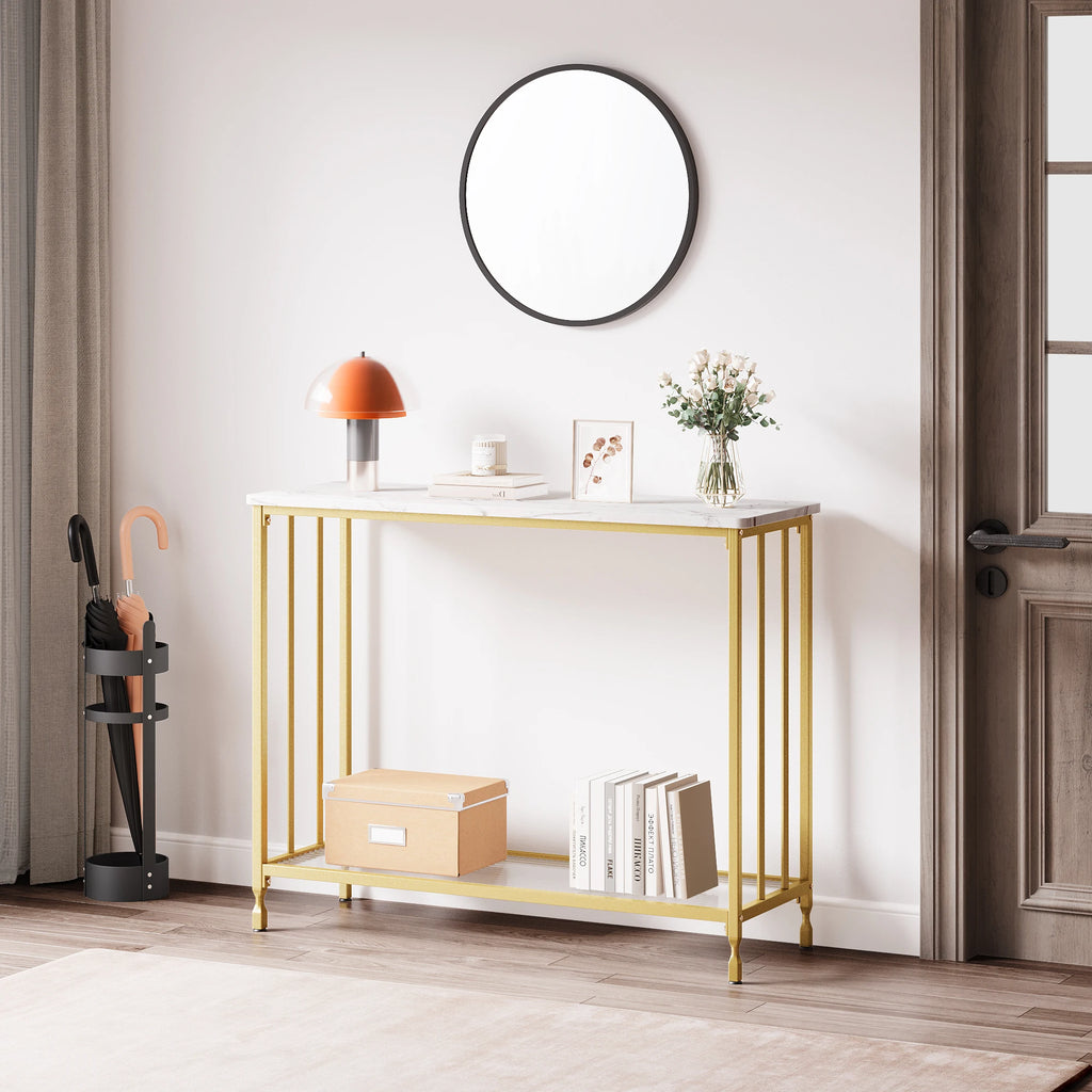 Console Table Narrow Entryway Table with Glass Shelf Metal Frame 33.5” Behind Couch Table