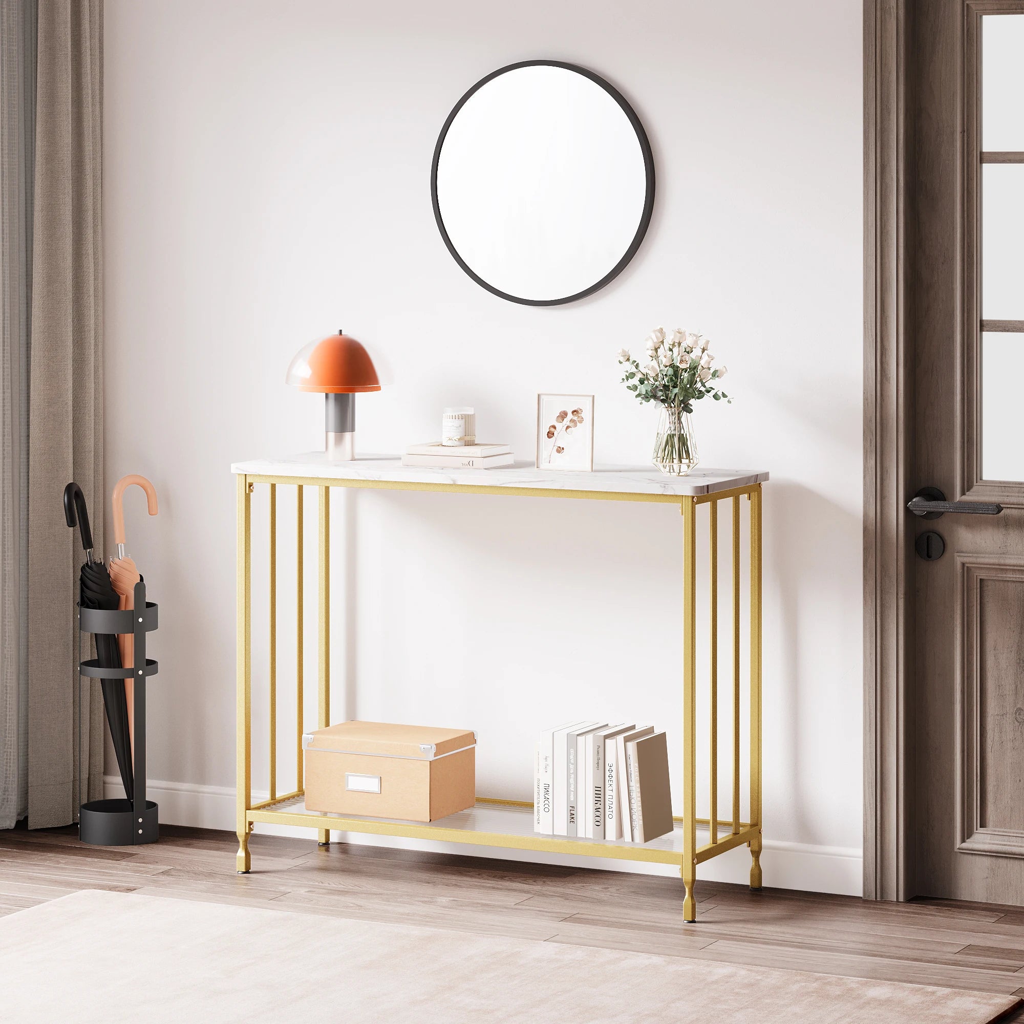 Console Table Narrow Entryway Table with Glass Shelf Metal Frame 33.5” Behind Couch Table
