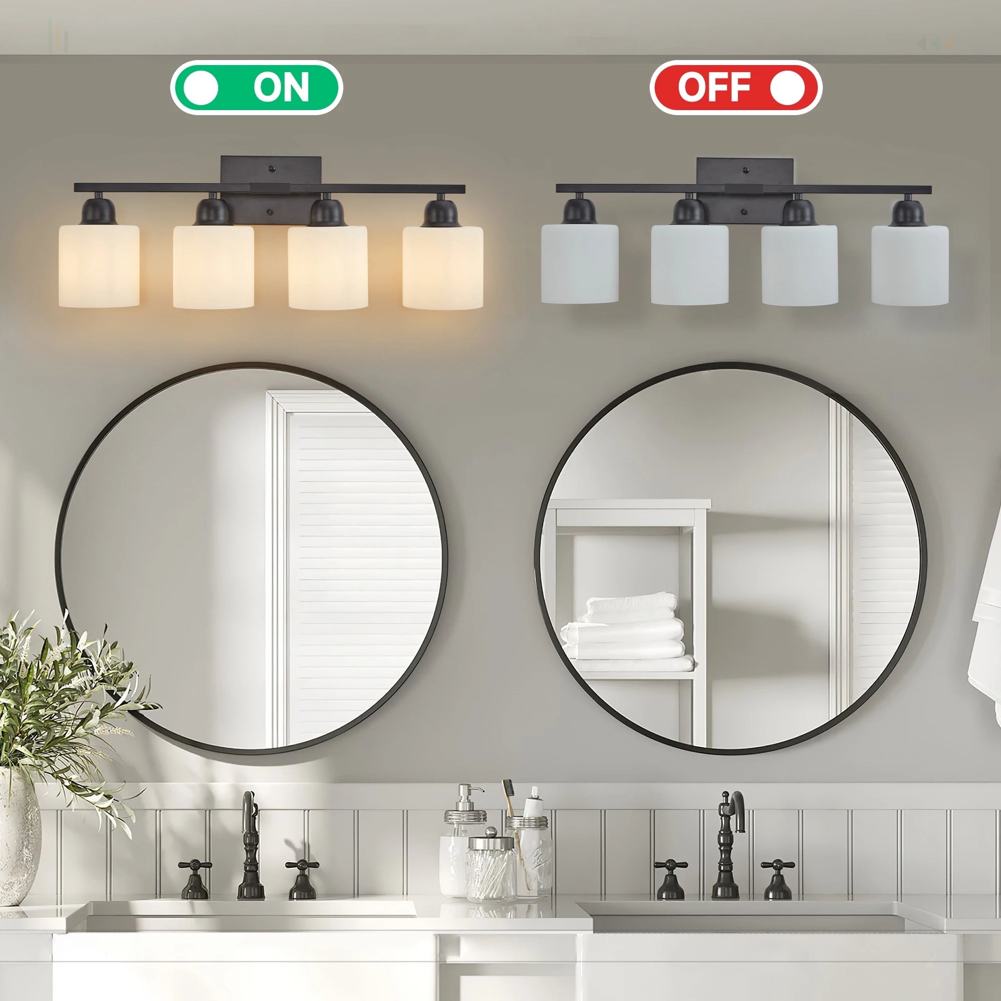 4-Light Fixtures Over Mirror, Modern Matte Black Vanity Lights with White Frosted Glass Shade