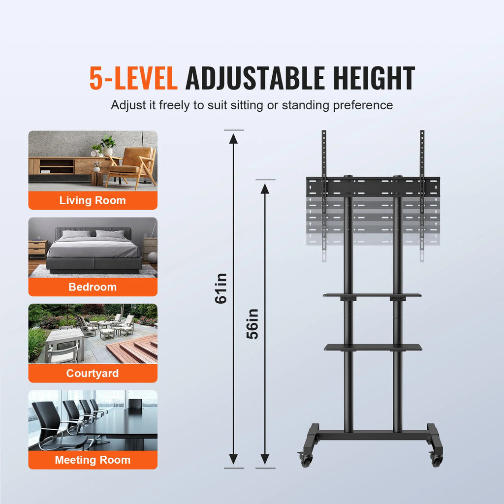 Mobile TV Adjustable Stand w/ Wheels Double Tray for Audio-Visual Devices Rolling Stand