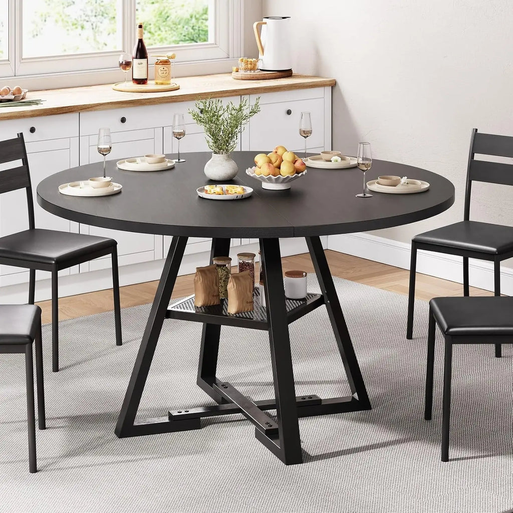 42-Inch Round Dining Wood Table with Storage Shelf, Black