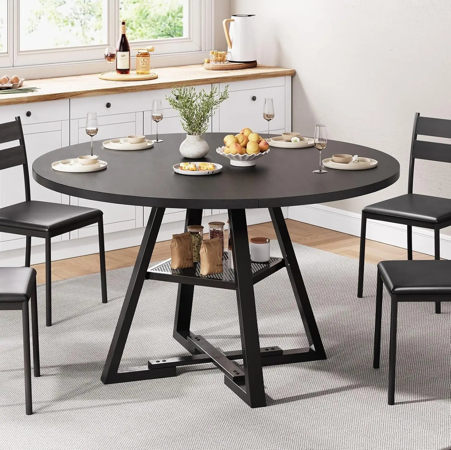42-Inch Round Dining Wood Table with Storage Shelf, Black
