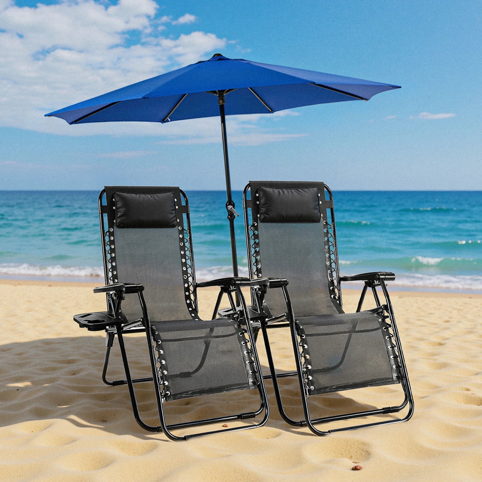 Zero Gravity Set of 2 Portable Recliner Patio Outdoor Garden Lounge Chair with Cup Holder Trays Adjustable Pillow