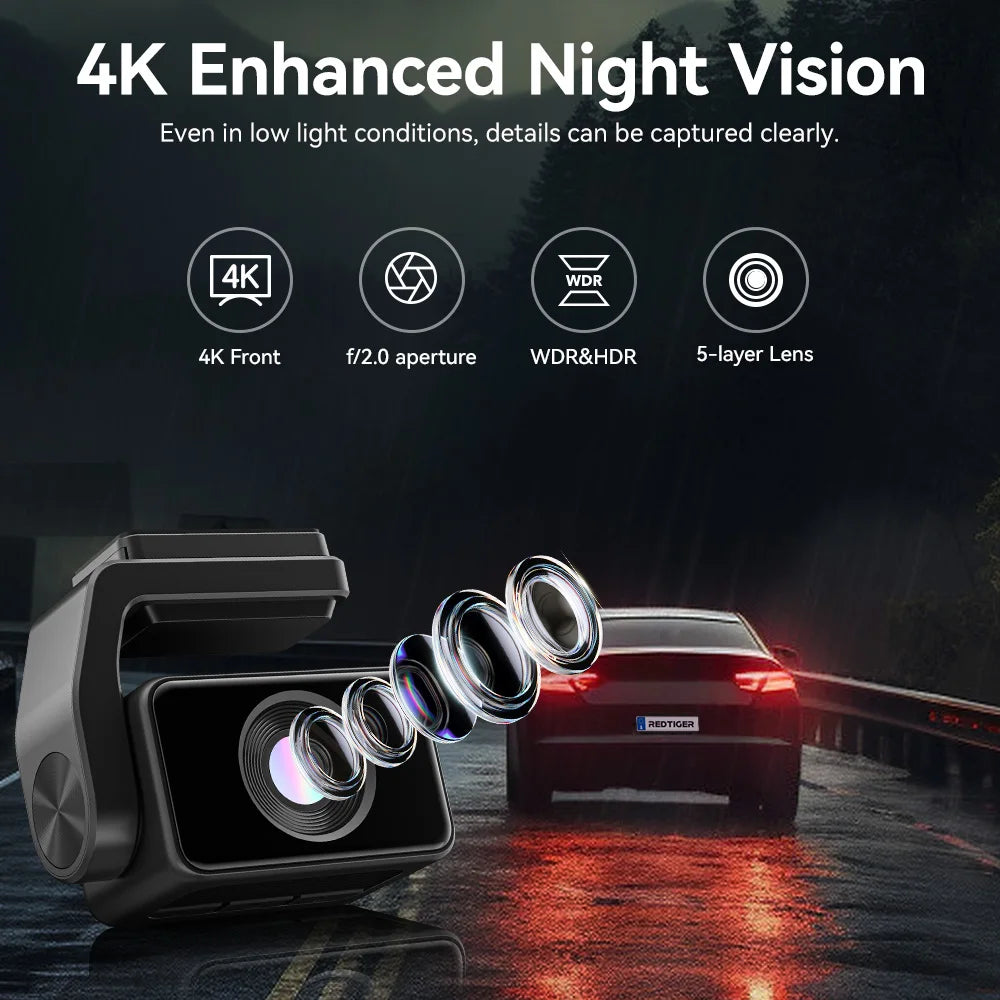 4k Dash Cam Front and Rear Drive Recorder GPS & 5G WiFi Touch Screen Night Vision 24H Parking Mode Voice Control