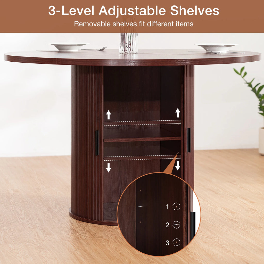 48'' Round Dining Table with 2-Layer Shelf and Wood Slide Door