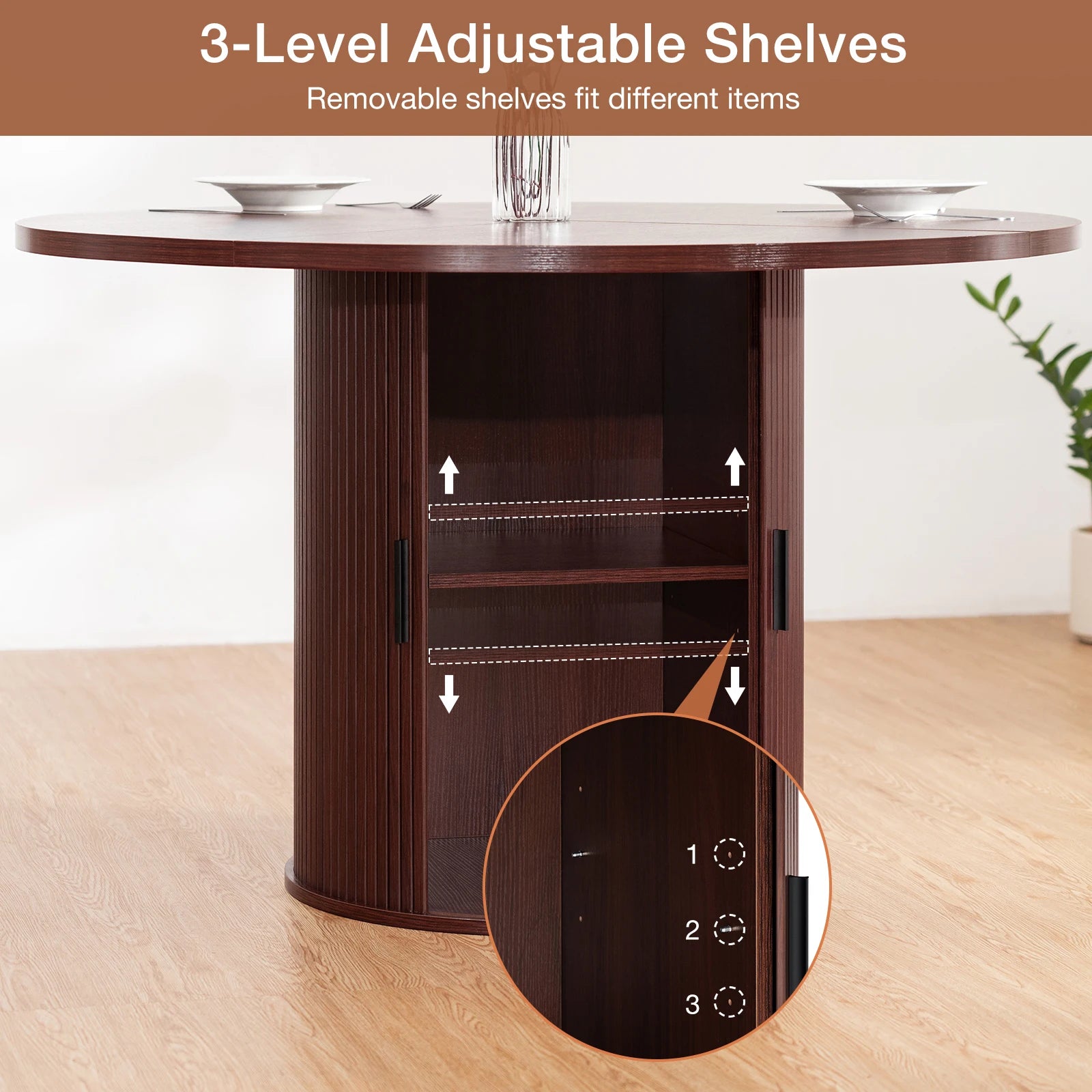 48'' Round Dining Table with 2-Layer Shelf and Wood Slide Door