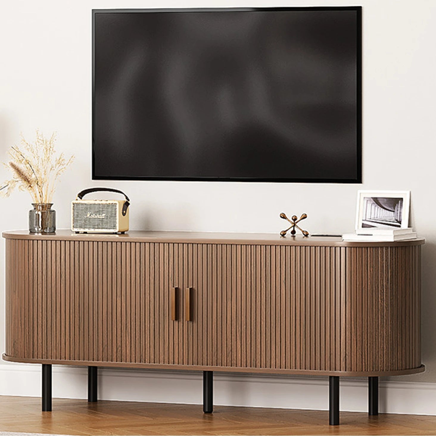 TV Stand Living Room Furniture with Power Outlet for TVs up to 70" with Sliding Doors Storage Adjustable Shelves