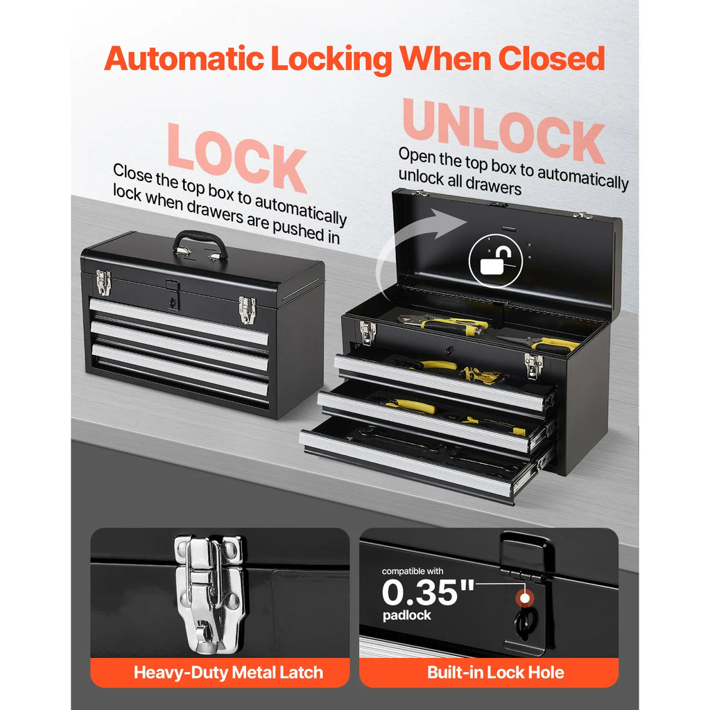 3-Drawer Metal Tool Box Black/Red Tool Chest with EVA Liners Multifunction