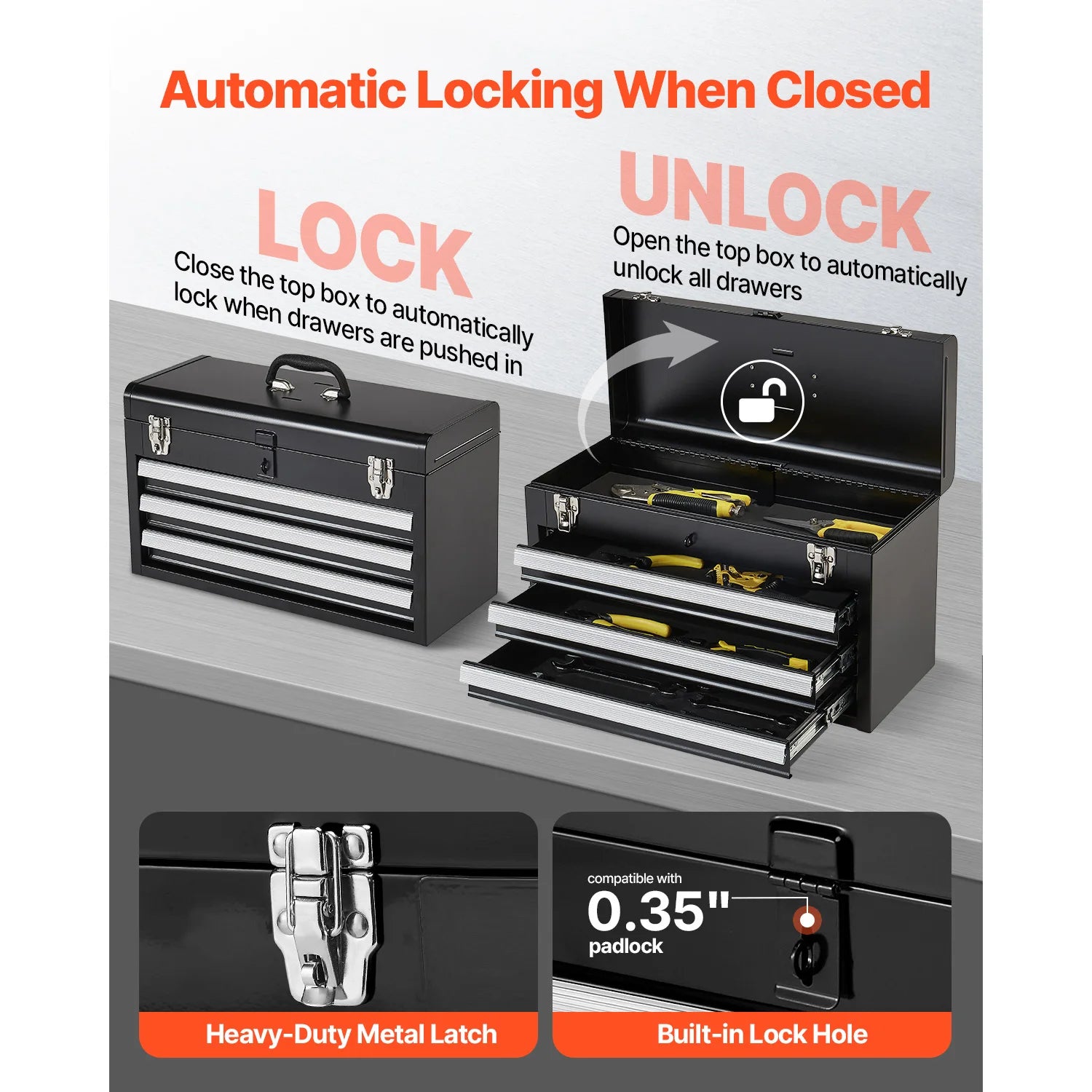 3-Drawer Metal Tool Box Black/Red Tool Chest with EVA Liners Multifunction