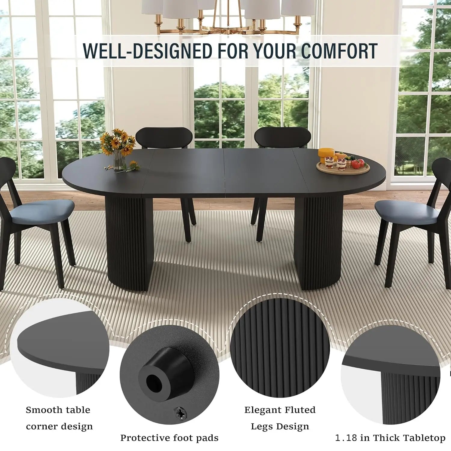 Round Expandable Fluted Base Modern Oval Dining Table