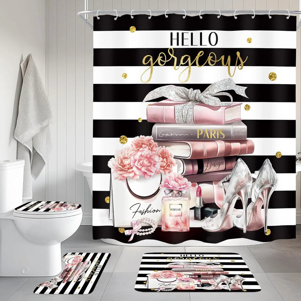 4Pcs Pink Black Girls Bathroom Set with Shower Curtain, Rugs, and Toilet Lid Cover