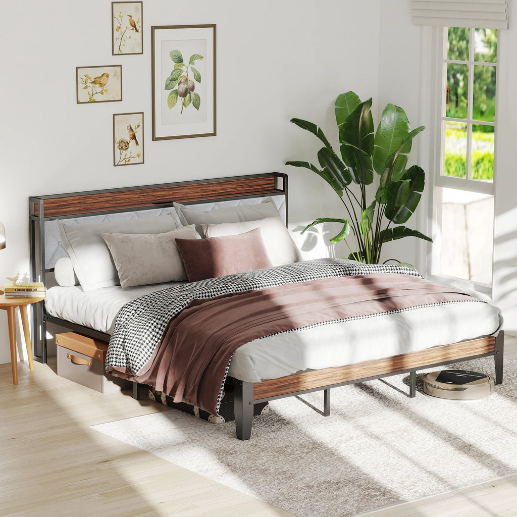 King Size Soft Pack Heavy Duty Metal Bed Frame with Headboard Charging Station