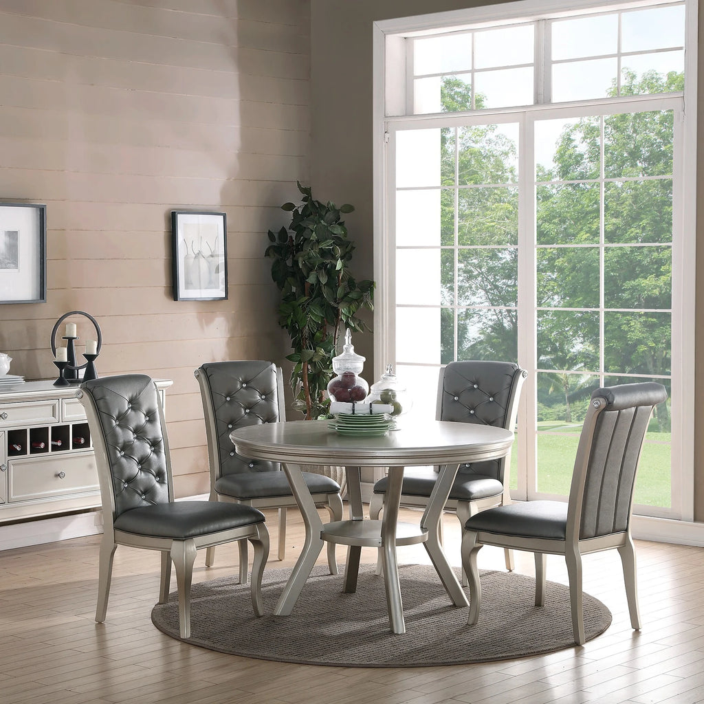 Traditional Dining Round Table Silver Hue 5pc w Shelf 4x Side Chairs Tufted Back