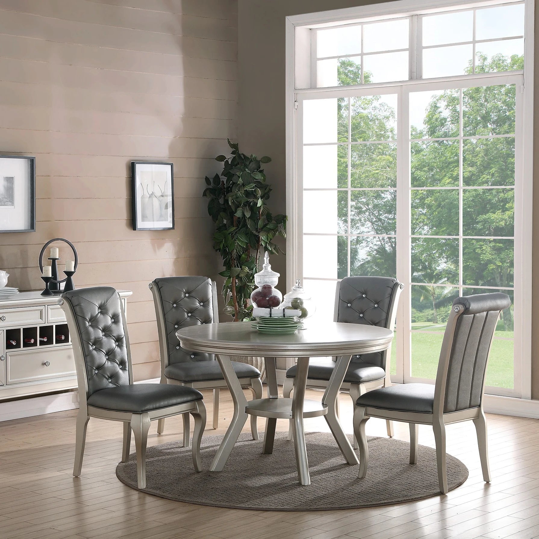 Traditional Dining Round Table Silver Hue 5pc w Shelf 4x Side Chairs Tufted Back