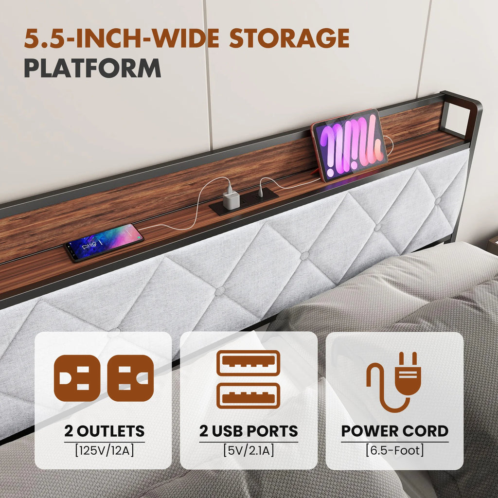 King Size Soft Pack Heavy Duty Metal Bed Frame with Headboard Charging Station