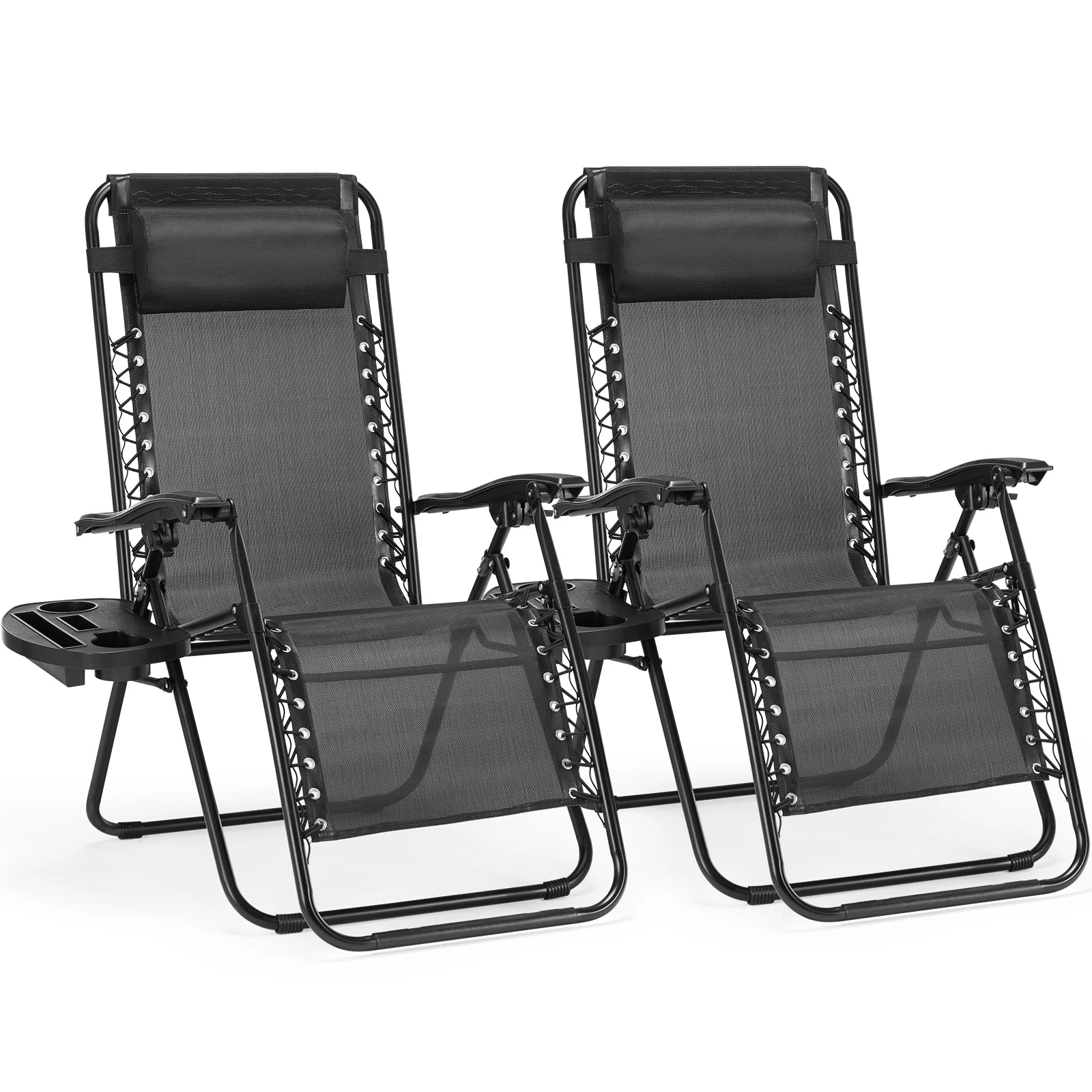 Zero Gravity Set of 2 Portable Recliner Patio Outdoor Garden Lounge Chair with Cup Holder Trays Adjustable Pillow