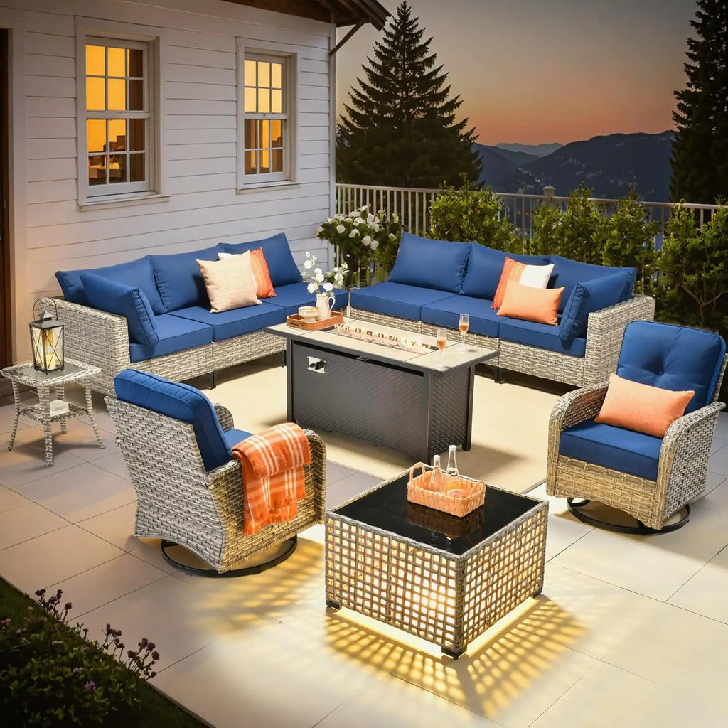Outdoor Sectional Patio Furniture with Fire Pit Table and Swivel Rocking Chairs