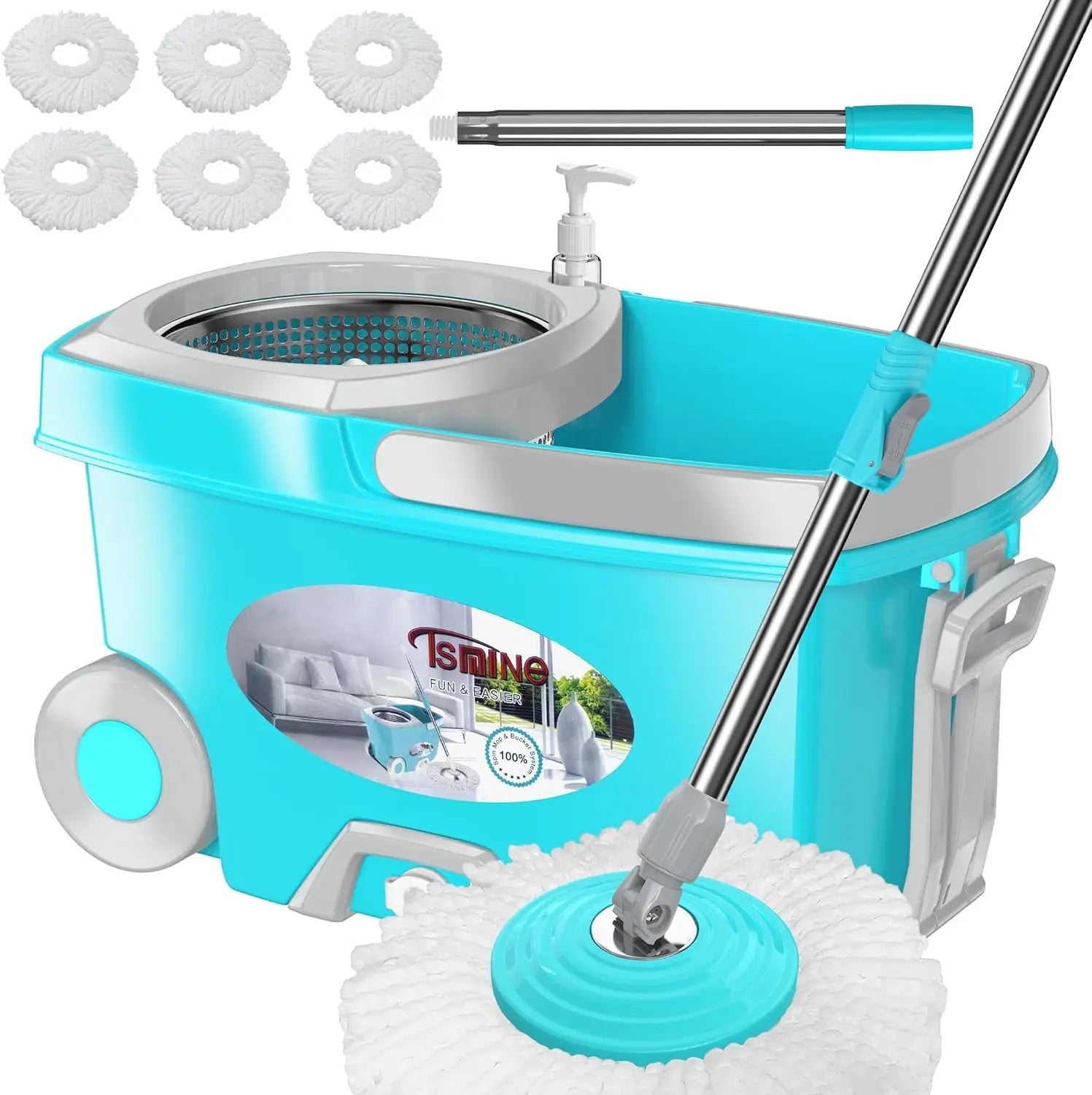 360 Spin Mop and Bucket Set with Wringer, 6 Microfiber Heads, 61" Adjustable Handle, Wheels for Easy Floor Cleaning