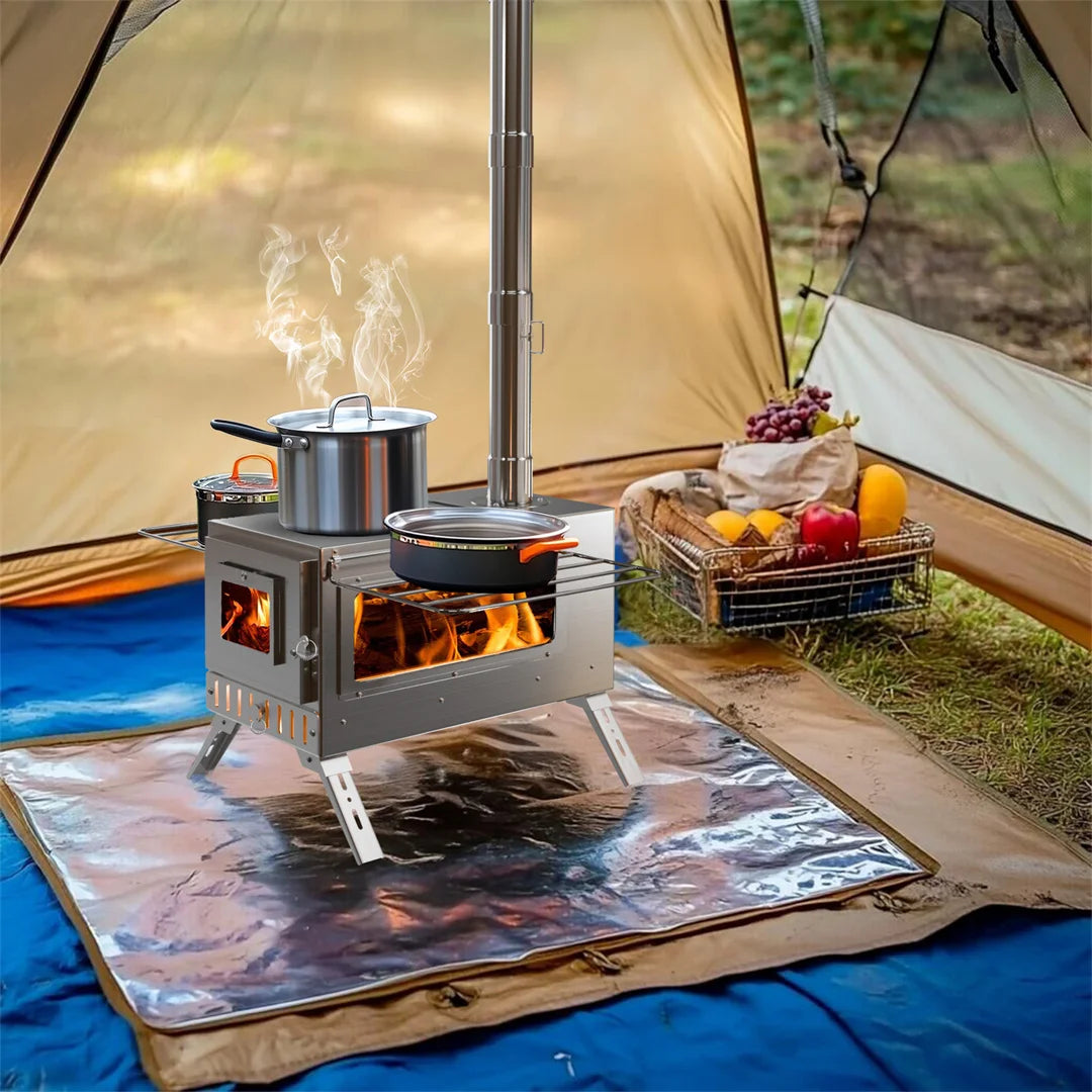 Hot Tent Stove, Portable Wood Stove with 6 Stainless Chimney Pipes for Outdoor Heating & Cooking