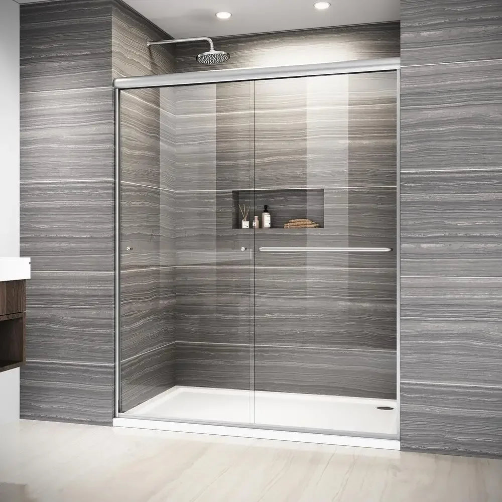 Sliding Shower Door with 6mm Clear Tempered Glass and Towel Bar