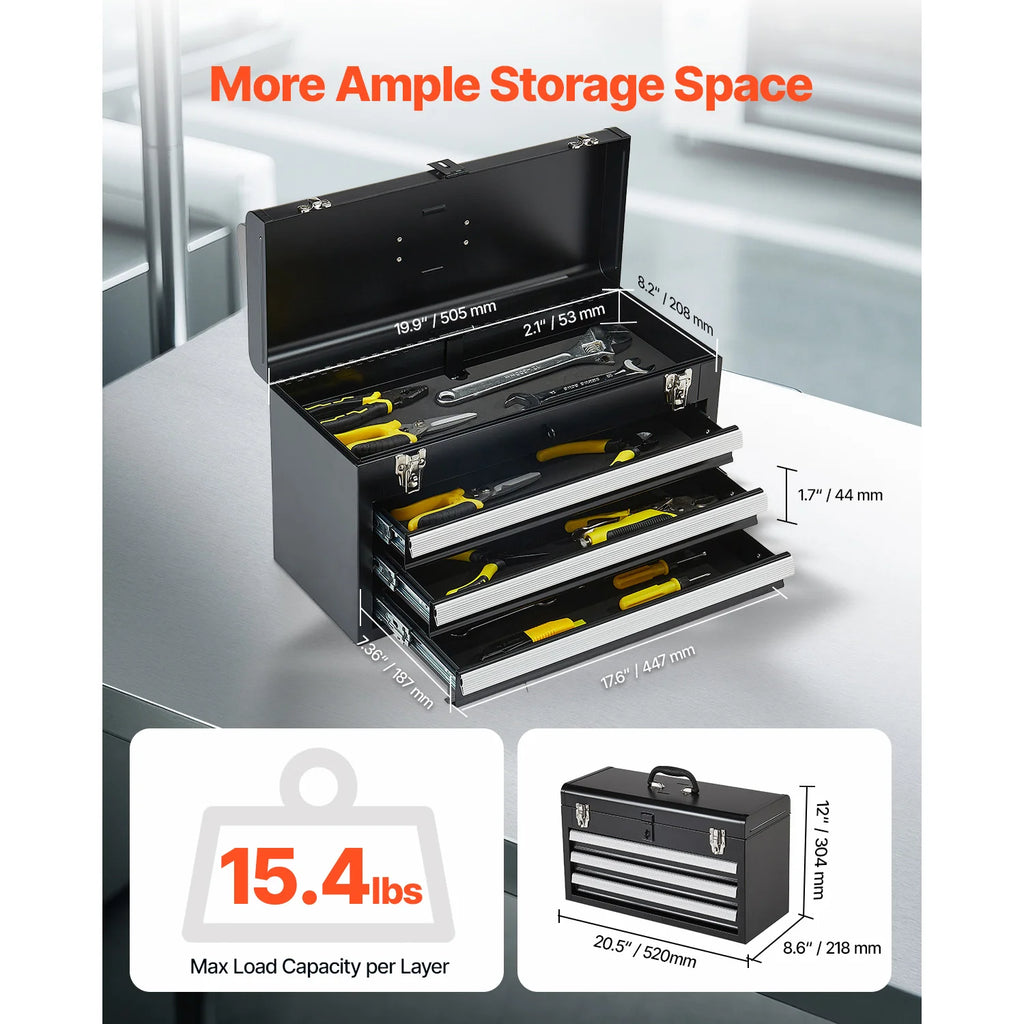 3-Drawer Metal Tool Box Black/Red Tool Chest with EVA Liners Multifunction