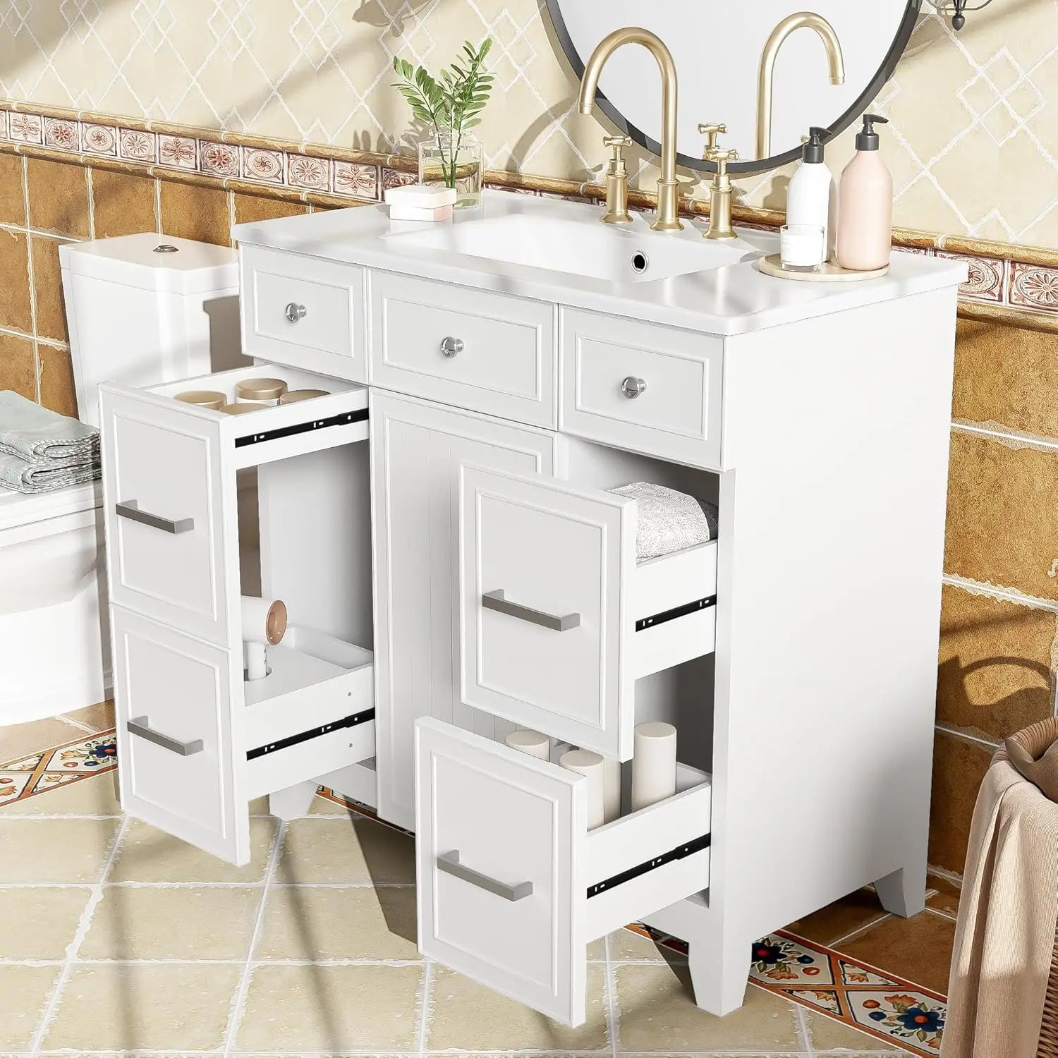 Bathroom Vanity Cabinet Sink Top Combo Single Door 3 Drrawers