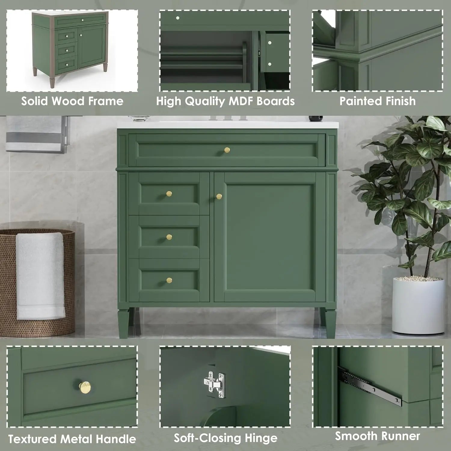 Solid Wood Bathroom Vanity with Soft-Close Doors & Tip-Out Drawer Undermount Sink Cabinet Green