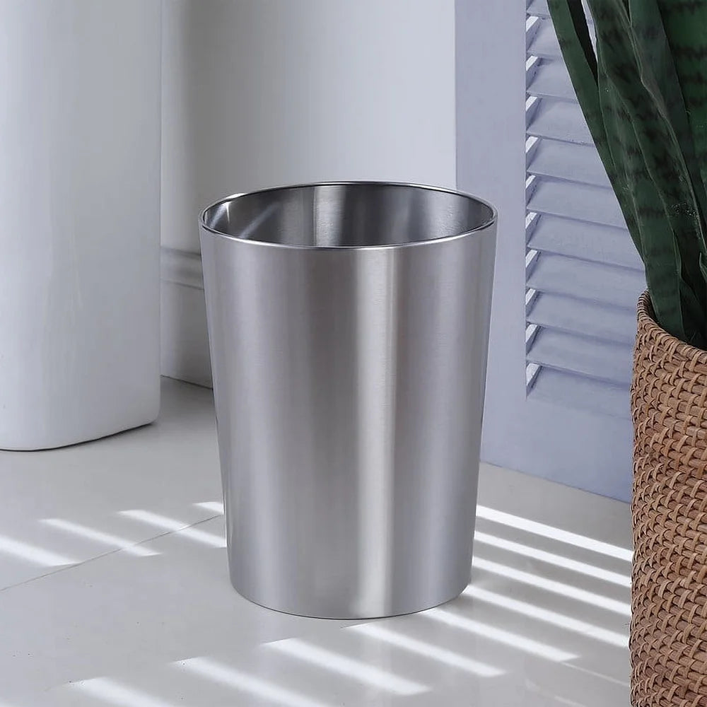 Brushed Nickel Metal Wastebasket Durable Open Top Trash Can