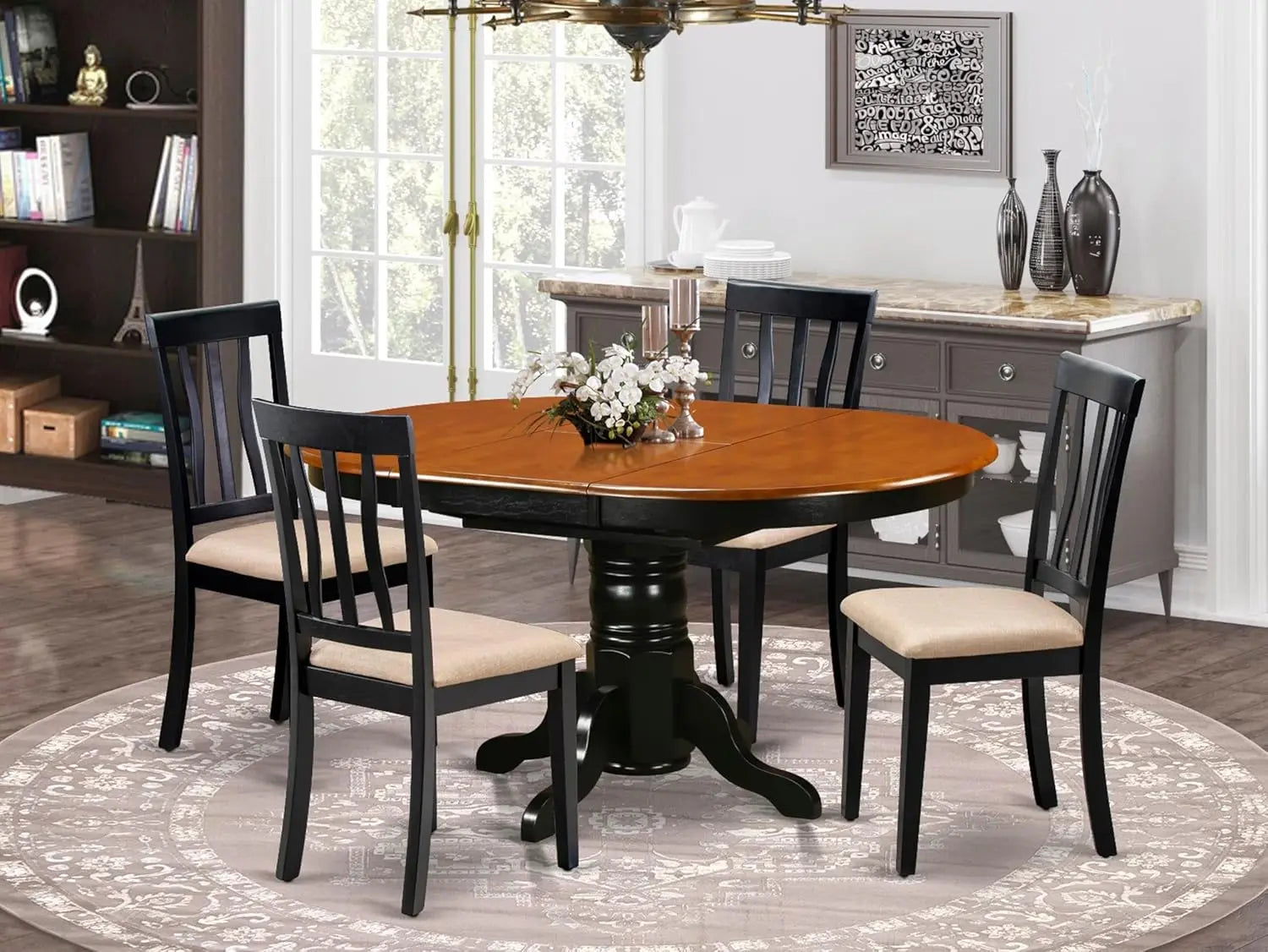5-Pcs Oval Table with Butterfly Leaves and 4 Linen Upholstered Dining Chairs