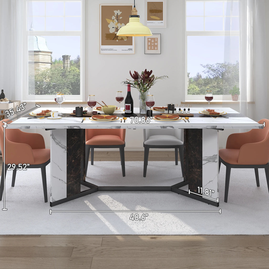 Large Rectangular White Dining Table for up to 10 People w/Marble Color, Wood Tabletop, Metal Leg