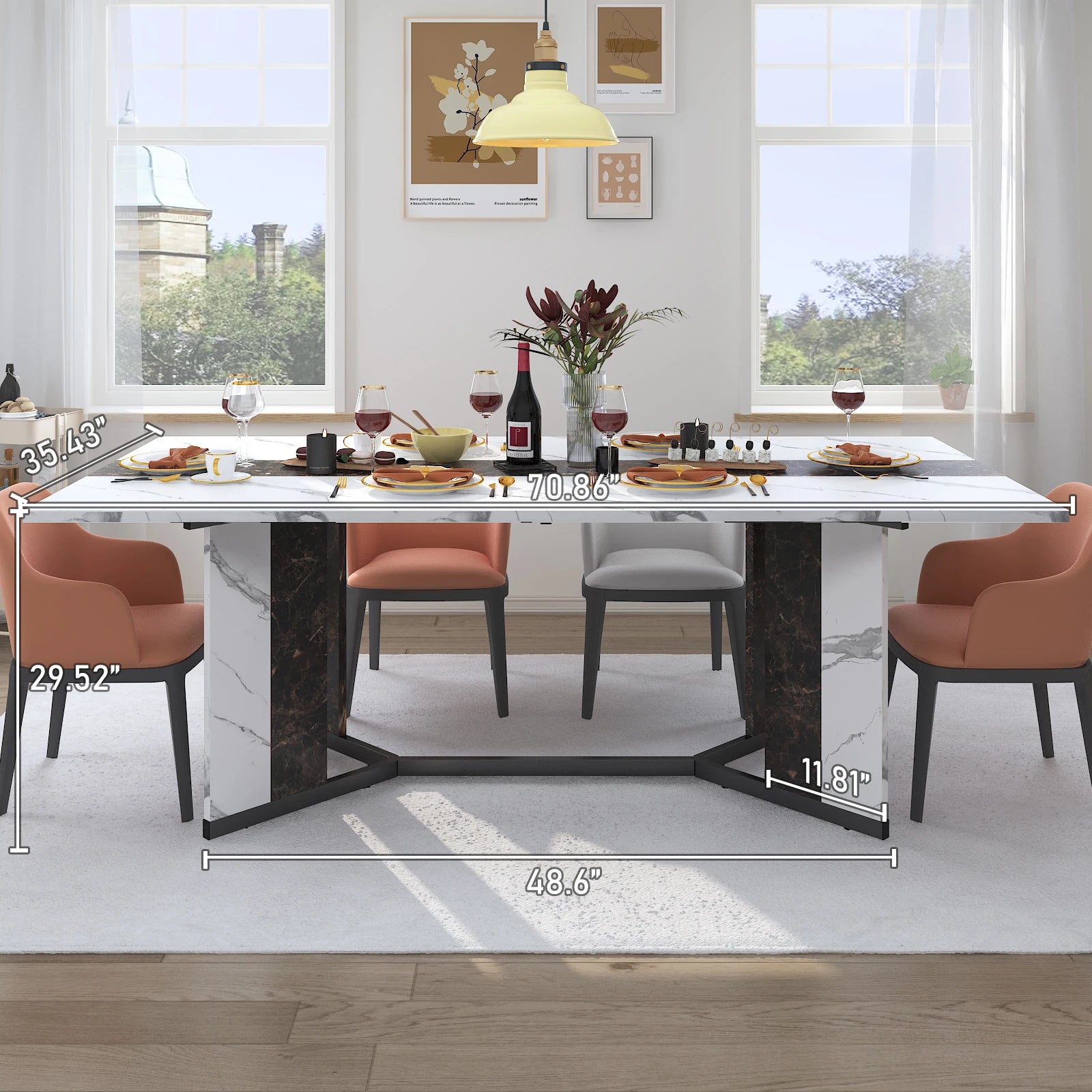 Large Rectangular White Dining Table for up to 10 People w/Marble Color, Wood Tabletop, Metal Leg