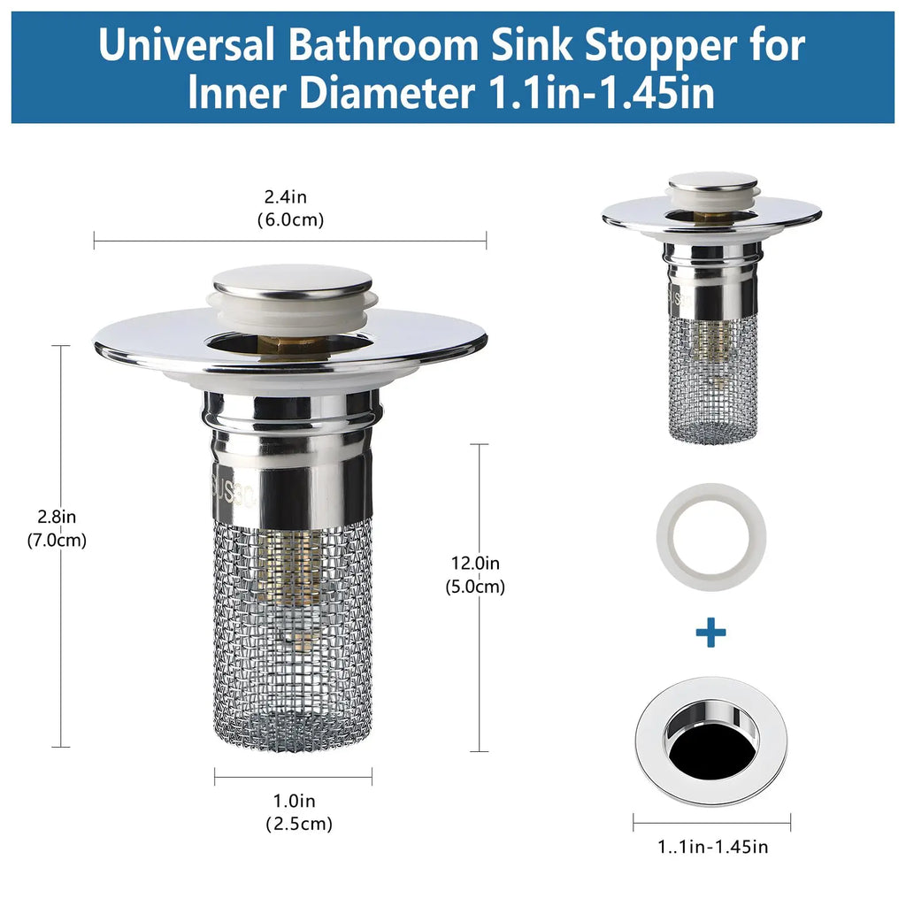 Bathroom Sink Stopper Hair Catcher with Universal Pop Up Drain Filter and Stainless Steel Basket