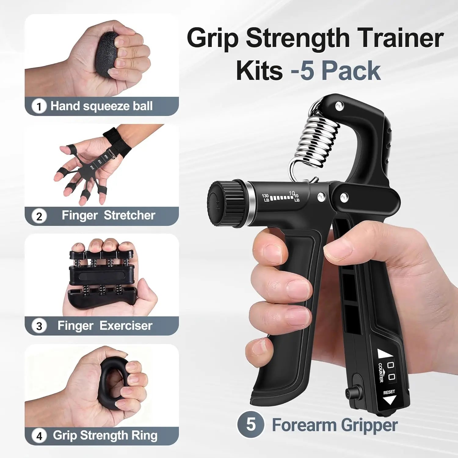 Adjustable Grip Strength Trainer Kit, Forearm & Finger Strengthener for Muscle Building and Injury Recovery